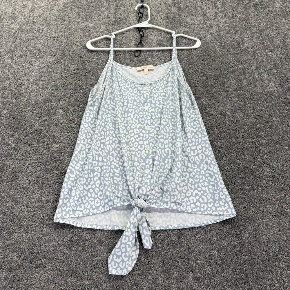 Hailey & Co Tank Top Womens L Blue Leopard Print Button Front Tie Hem